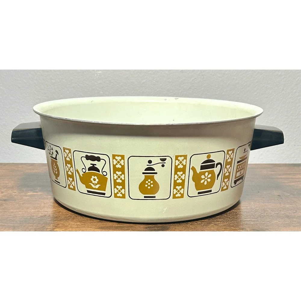 Vintage 1970s Enamel Sauce Pan Stock Pot 5 Qt MCM Coffee & Grinder Design